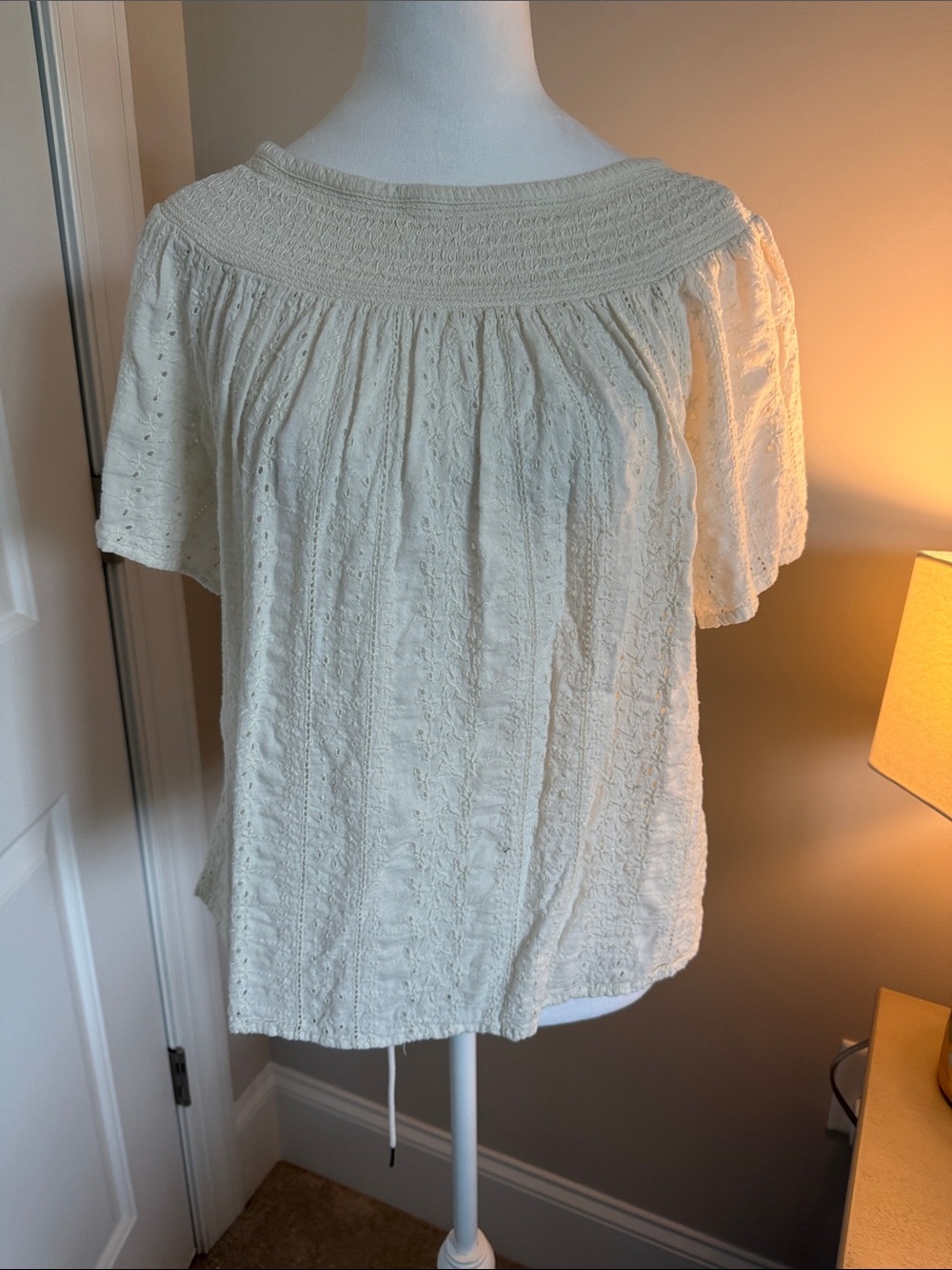 Old Navy Cream Smocked Off-Shoulder Eyelet Blouse